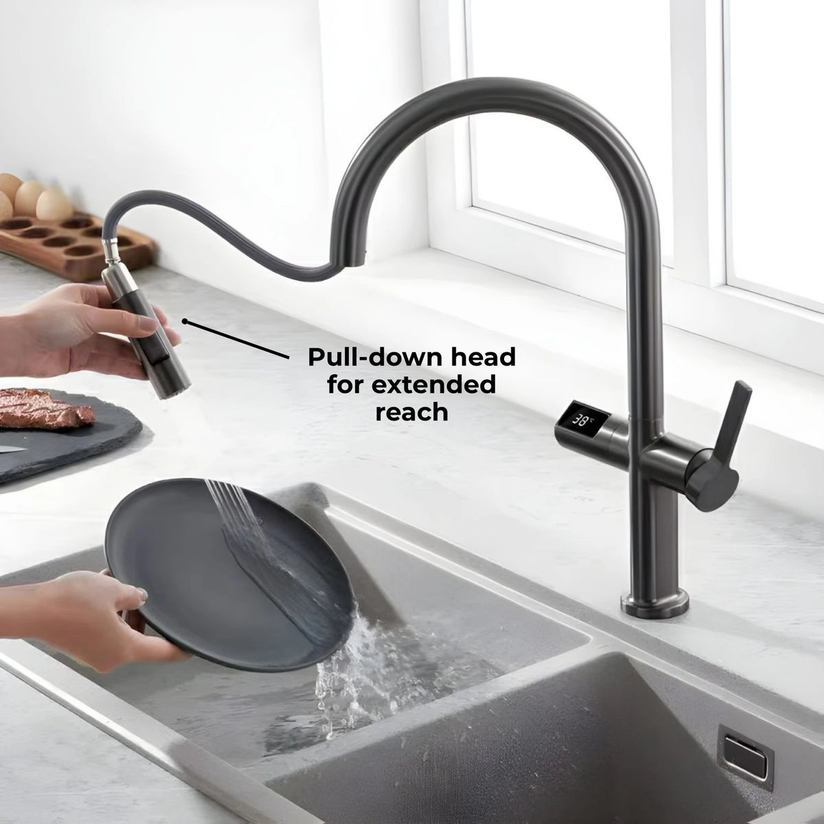 Tume Pull-Out Kitchen Faucet with Temperature Display